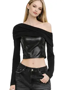 Leather Short Sleeve T-shirt Women. Trendy one-shoulder cut.