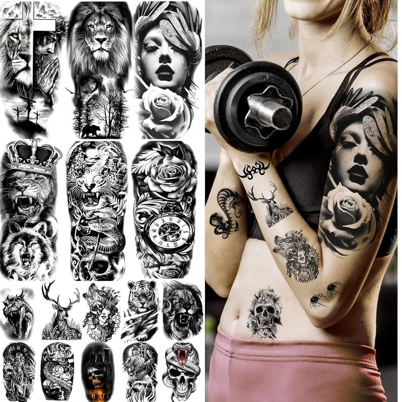 82 Sheets Temporary Tattoo for Men Women Adults, Include 12 Sheets Black 3D Half Sleeve Temporary Tattoos, Halloween Tattoos Scary Lion Wolf Tiger Skull Skeleton Tattoos Stickers 82 Sheets Temporary Tattoo for Men Women Adults, Include 12 Sheets Black 3D Half Sleeve Temporary Tattoos, Halloween Tattoos Scary Lion Wolf Tiger Skull Skeleton Tattoos Stickers