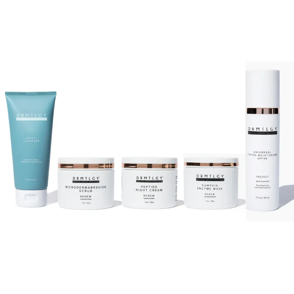 DRMTLGY Must Haves Bundle. g(Oat) Cleanser + Microdermabrasion Scrub + Peptide Night Cream + Pumpkin Enzyme Mask + Universal Tinted Moisturizer SPF 46
