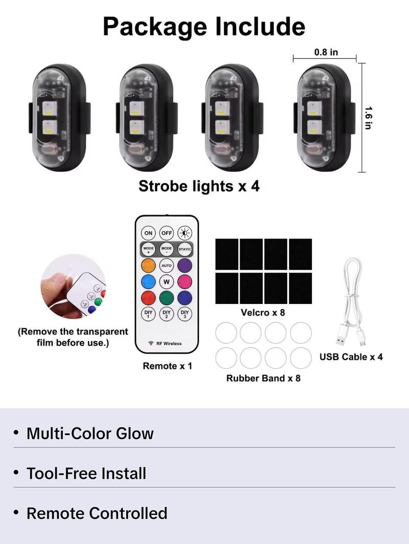 4-Pack Wireless RGB Strobe Lights – Rechargeable, Color-Changing & Velcro-Mountable