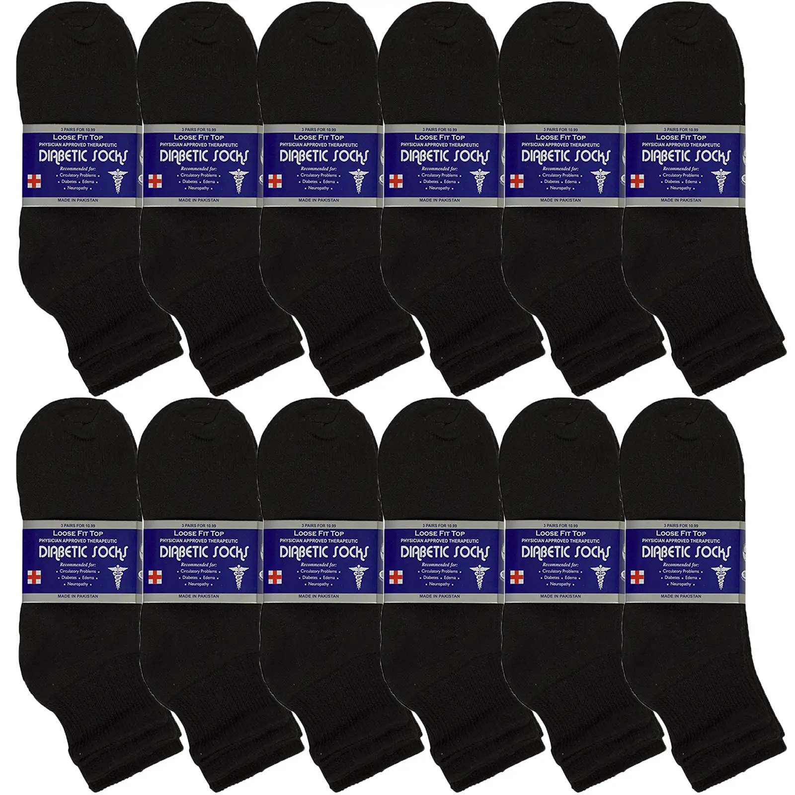 Men's 12-PK Black Knit Cotton-Polyester Circulatory Boost Loose Fit Quarter Ankle Diabetic Socks, Breathable, Soft, Size 10-13 (Menswear)