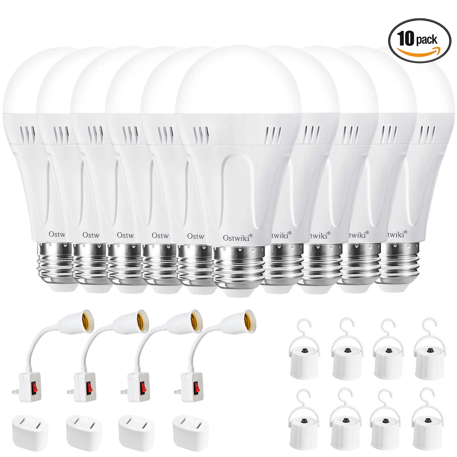 OSTWIKI 10 Pack Rechargeable Emergency Light Bulbs A19, Battery Powered LED Light Bulb 6500K Cool White E26/E27 120V 9W with 1200mAh Battery Backup for Home Power Outage Camping Hurricane summergarden,campingessentials,outdoorfurnitureset,campinggear