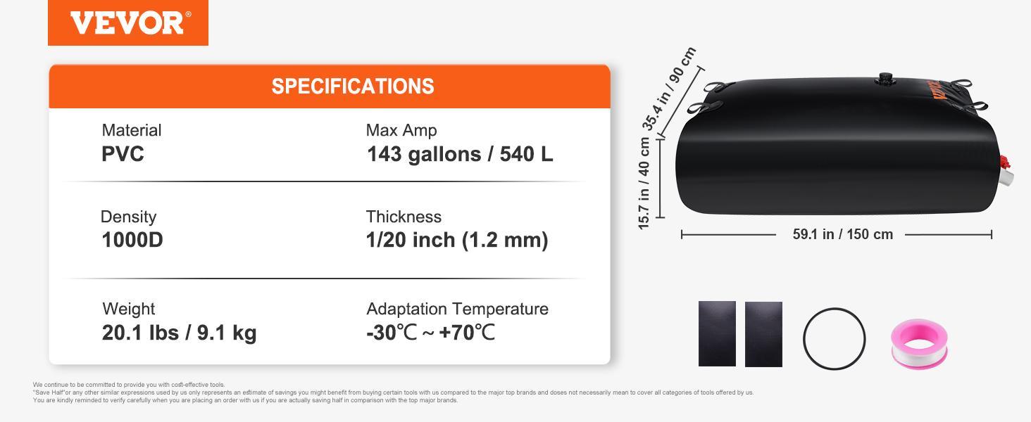 VEVOR Water Tank Bladder, TikTokShopBlackFriday, Max. 143 Gallon Large Capacity, PVC Collapsible Water Bladder Including Spigots and Overflow Kit, Portable Water Storage Bladder for Garden Water Catcher VEVOR Water Tank Bladder, TikTokShopBlackFriday, Max. 143 Gallon Large Capacity, PVC Collapsible Water Bladder Including Spigots and Overflow Kit, Portable Water Storage Bladder for Garden Water Catcher