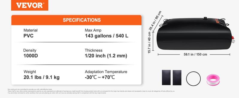 VEVOR Water Tank Bladder, TikTokShopBlackFriday, Max. 143 Gallon Large Capacity, PVC Collapsible Water Bladder Including Spigots and Overflow Kit, Portable Water Storage Bladder for Garden Water Catcher