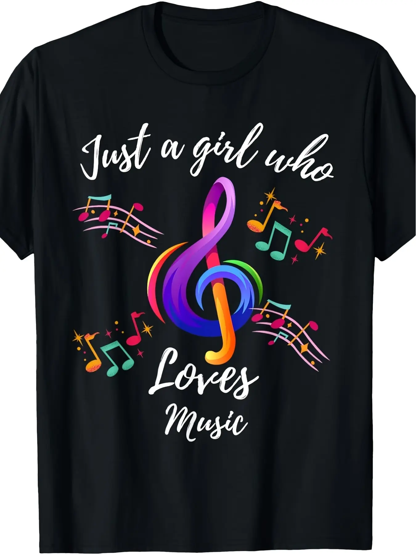 Just A Girl Who Loves Music Rainbow Treble Clef Colorful Music Note Graphic Unisex T-Shirt