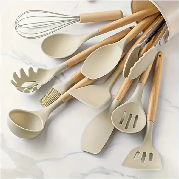 12-Piece Durable Heat Resistant Silicone Kitchen Utensil Set with Wooden Handles, Non-Stick Cookware Safe Tools Including Spatula, Turner for Everyday Cooking