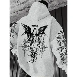 Gothic Angel Thorn Print Hoodie, Soft Comfortable Home Casual Wear, Dark Street Style, Perfect for Relaxing at Home and Urban Outings