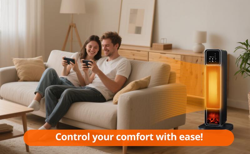 Space Heaters for Indoor Use 1500W PTC Electric Fireplace Heater with 90° Oscillation Child Lock Tip-over Protection Eco Mode 12h Timer Remote Control 3D Flame Effect Home & Office Heating System