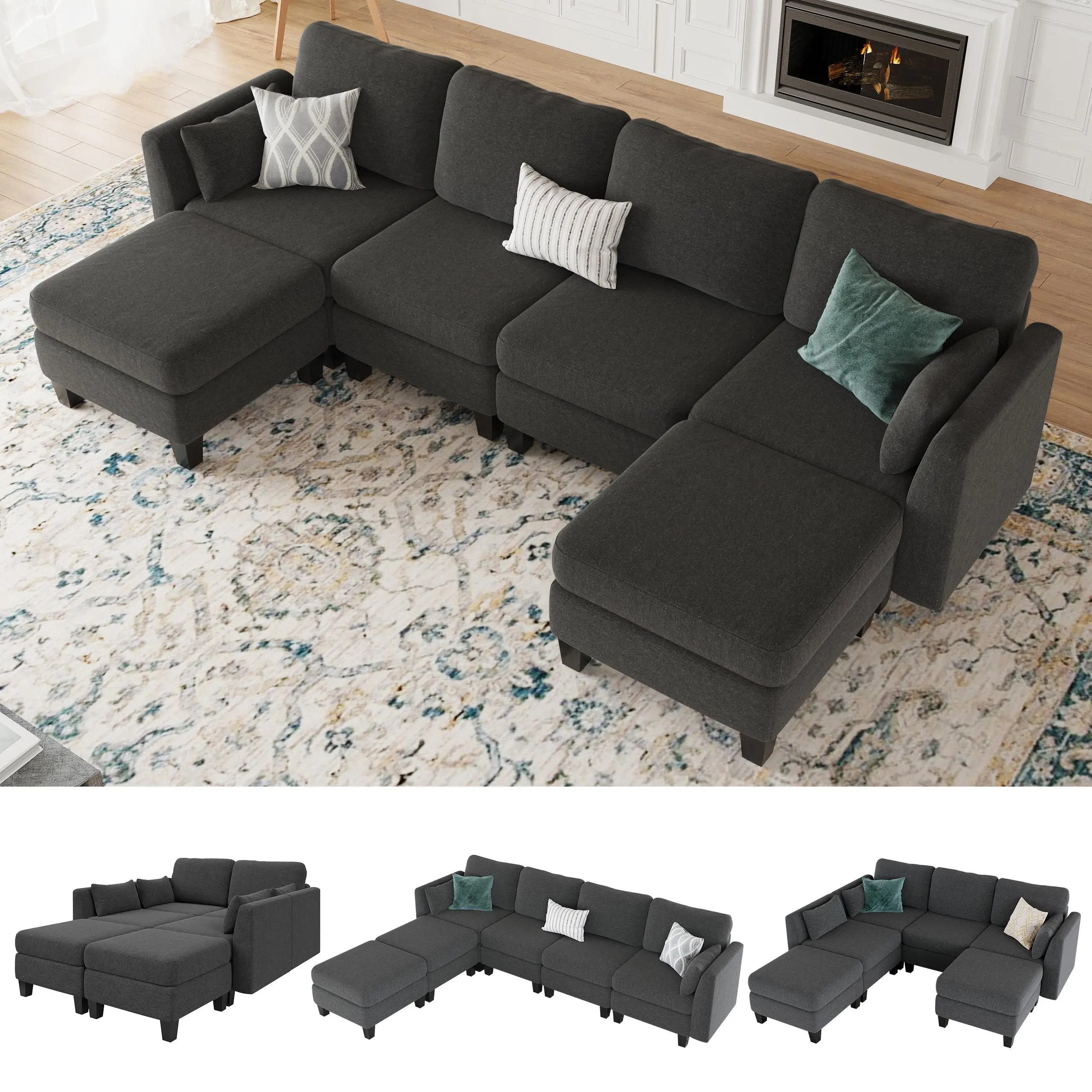 【3 Packages】Modular Sectional Sofa, Convertible U Shaped Sofa Couch with High Density Memory Foam, 6 Seat Comfy Modular Sofa Couch for Living Room, Modern U Shaped Sectional Sofa, Gray Sofa