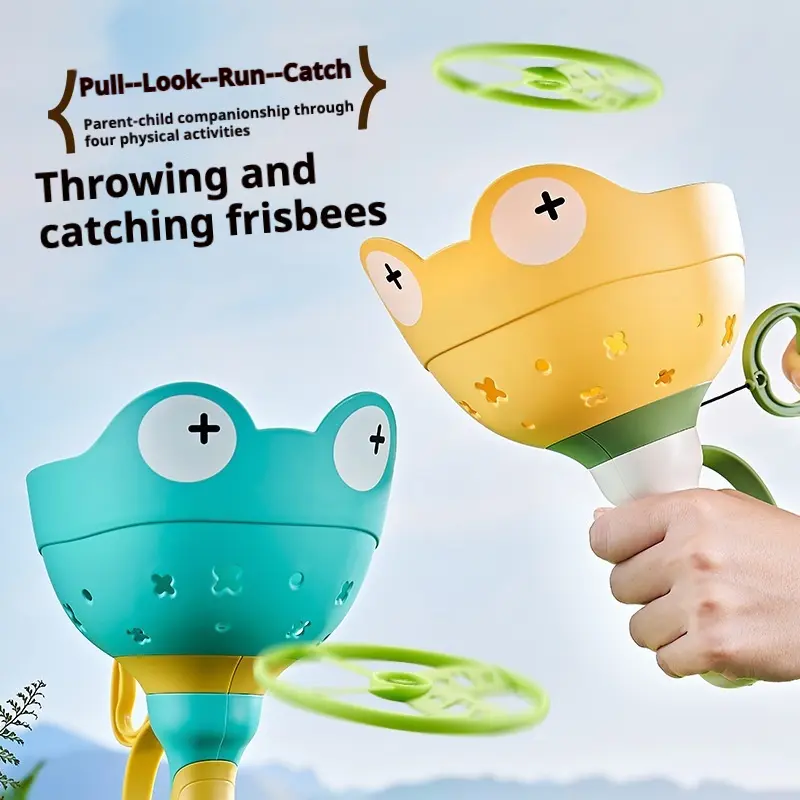 Manual Pull Frisbee Launcher - Unisex Outdoor Physical Interactive Toy, Parent-Child Companionship Item, Safe No-Battery Design, Includes Frisbees