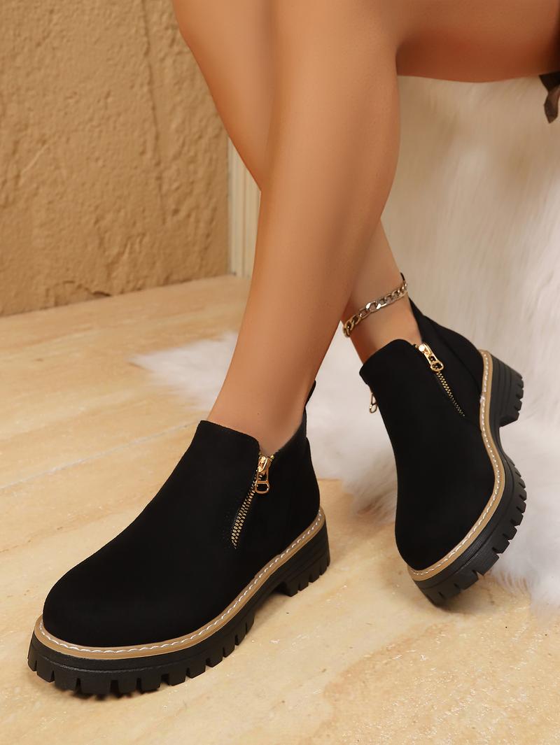 Women's Fashion Thick-sole Ankle Boot Comfortable Slip-Resistant Side-Zip Boots Solid-Color Low-Top Fall/Winter Casual Shoes