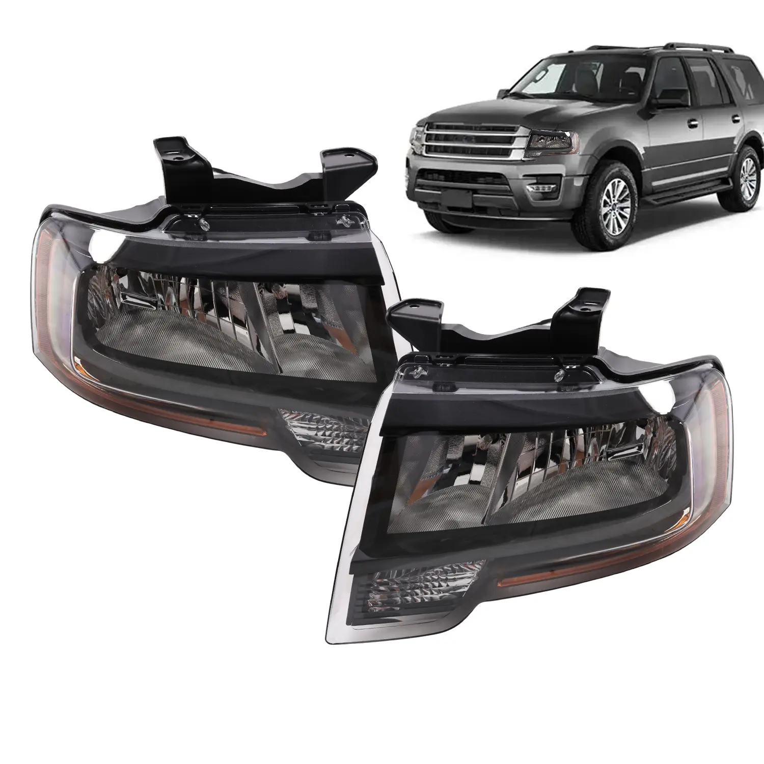 Nakkaa Black Housing LED Headlight Assembly with Bulbs - 1Pair (Left & Right) Chrome Amber Plastic Replacement for 2015-2017 Ford Expedition, Structural & Functional Guidelines Included, Led Light