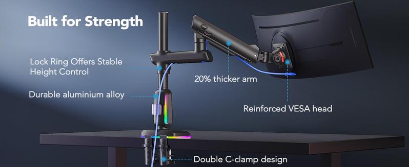 Adjustable RGB/Non RGB Heavy Duty Monitor Arm for Ultrawide Screens up to 57"/49'', Holds 44 lbs, Tall Ultrawide Monitor Stand with 29.1" Max Height, Fully Adjustable Single Computer Desk Mount, Max VESA 100x100mm
