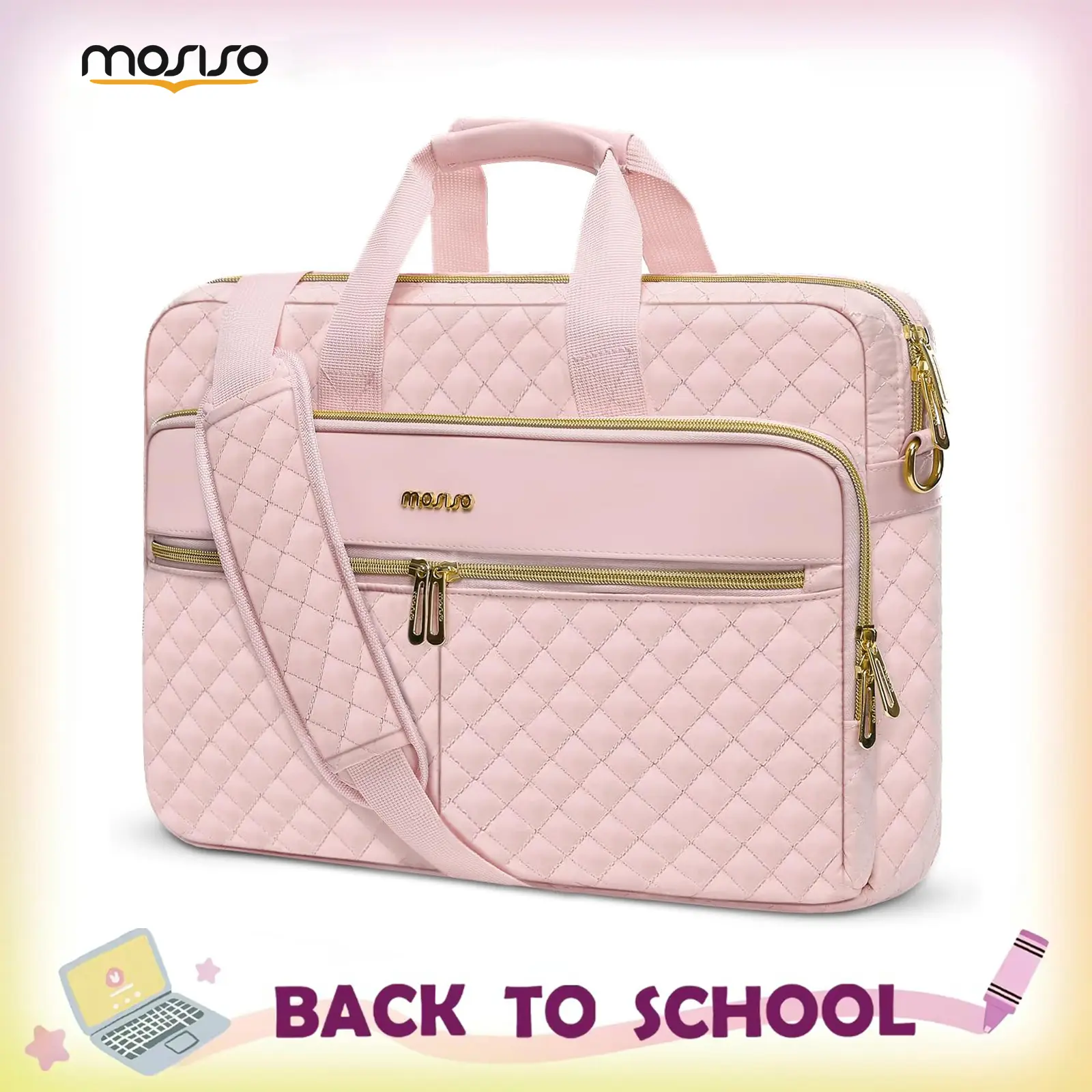 MOSISO Square Quilted Multi Functional Laptop Bag - Water-Resistant Office Work Bag for Women, 13.3/16/17.3 In Tech Laptop-Friendly Briefcase with 3 Zipper Pockets for Business Travel, Multi Functional Bag