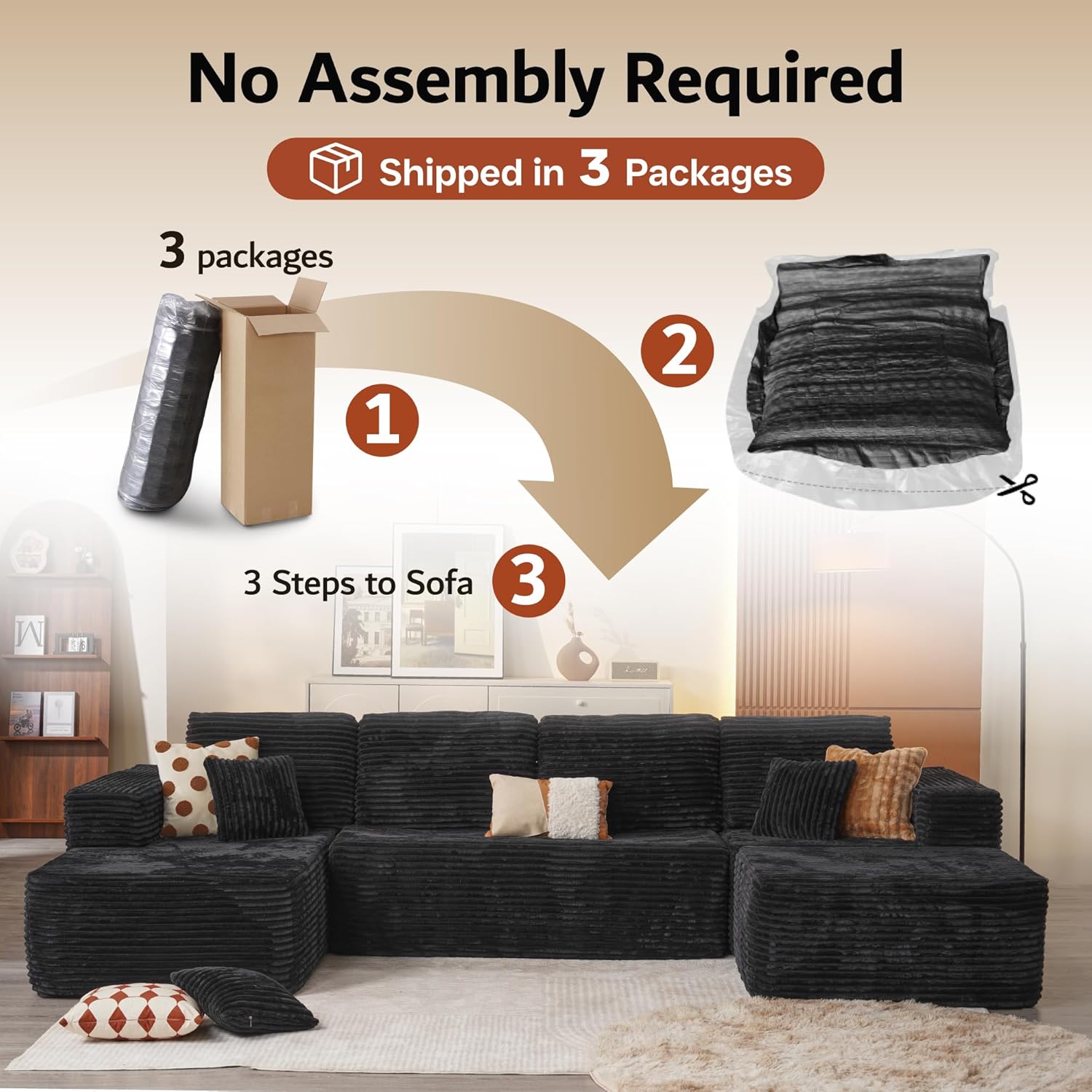 ModMood Oversized Plush Cloud Sleeper Couch 133"x70" with Chaise Lounge & Ottoman Plush Fabric Deep Seat Boneless Couches Wide Armrests No Assembly Living Room Furniture Holiday Modular U-Shaped Velvet L-Sofa Set
