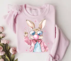 Funny Easter Bunny Sweatshirt, Retro Sunglasses Rabbit Easter 2026 Happy Holiday Sweater Bunnie Blowing Bubble Gift for Women - LORA ATCHER