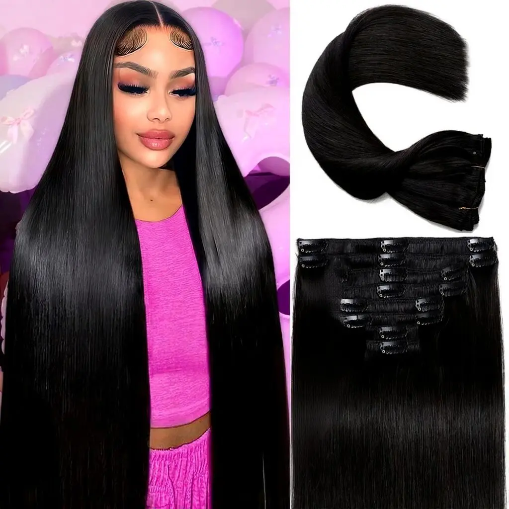 Encharm Clip in Hair Extensions Real Human Hair, 24 Inch 120g, 1B Natural Black, Clip in 100% Brazilian Remy Human Hair Extensions 8pcs Per Set with 18 Clips Double Weft