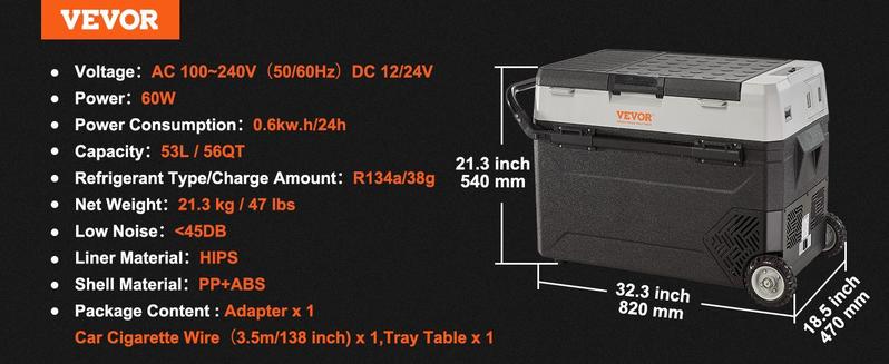VEVOR 12 Volt Car Refrigerator Fridge with Wheels & Side Pull Rod Easy to Carry, TikTokShopBlackFriday, Max 58 QT/55 L Dual Zone Portable Freezer, -4℉-50℉ Adjustable Range, 12/24V DC and 100-240V AC Compressor Cooler