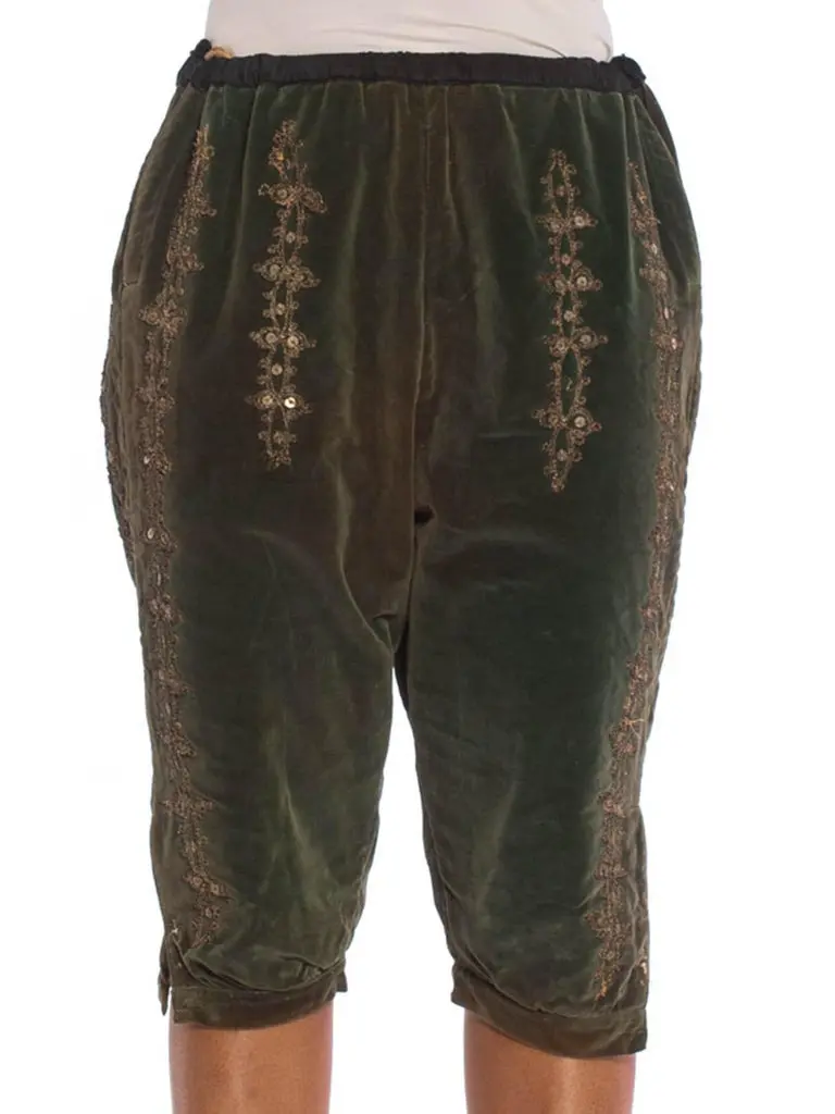Victorian Green Cotton Velvet Rare Men's Antique Theatrical Pants With Metallic Silver Embroidery
