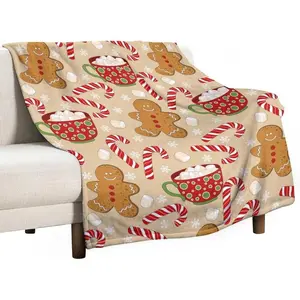 Funny Blanket Cute Christmas Gingerbread Throw Blanket Soft Warm Candy Cane Lightweight Flannel Plush Fuzzy Blankets