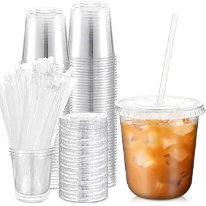 ZY 50 Sets Clear Plastic Cups with Lids and Straws, Disposable Iced Coffee Cups Drinking PET for Cold Drinks, Juice, Smoothie, Coffee Shops, Party, Christmas(Clear,12 oz) Transparent Black