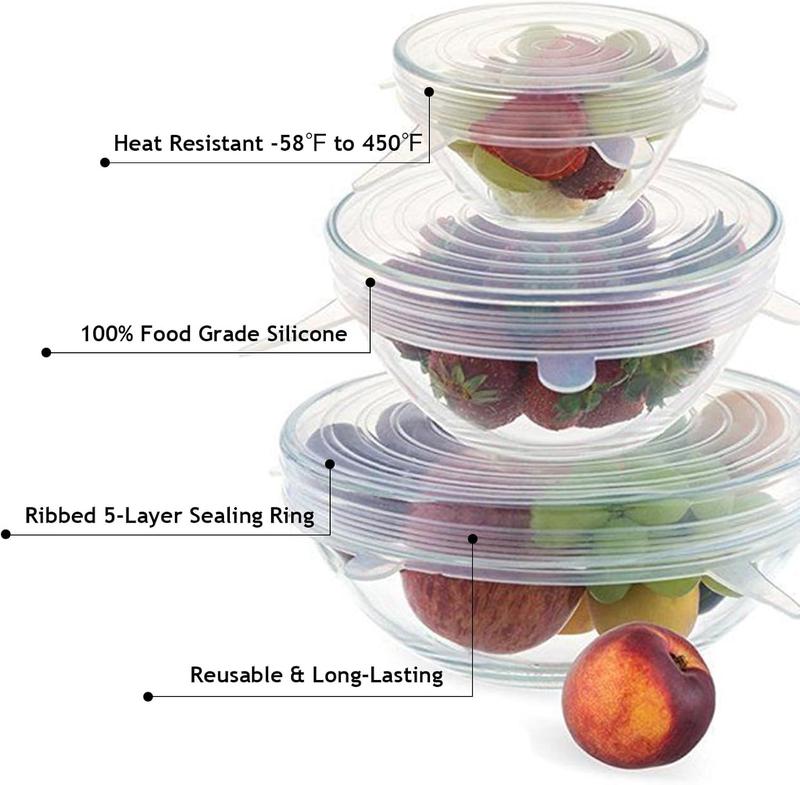 Silicone Stretch Lids – 6 Pack Reusable Food Covers,Flexible Silicone for Bowls, Containers, Fruits – Airtight & Leakproof Seal for Kitchen Storage