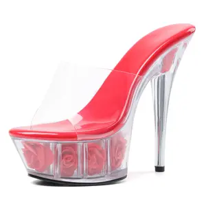 Women's Pumps Sexy Glowing Stiletto Platform Sandals Transparent Wedding Shoes High Heels with Rose Accents for Formal Events