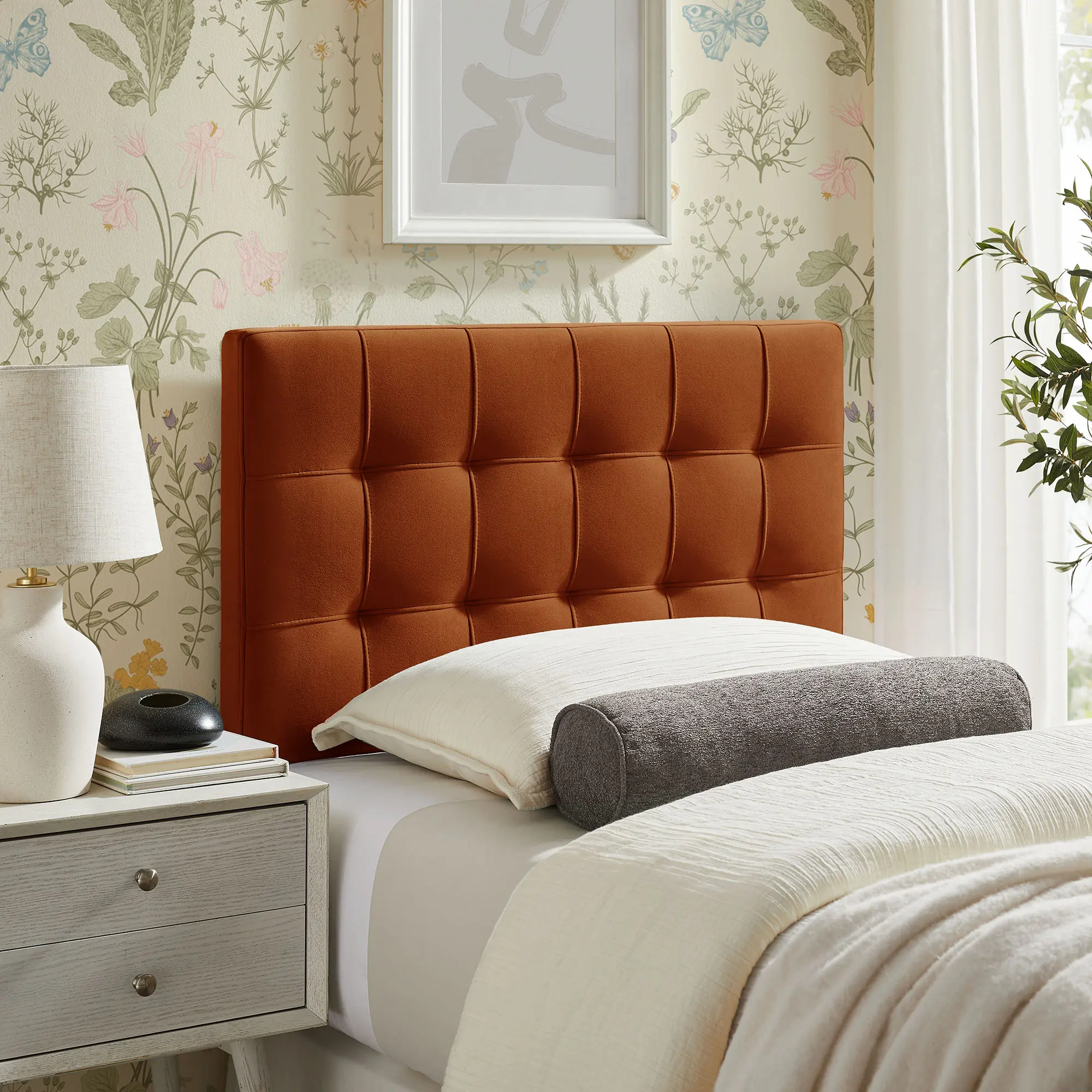 Modway Lily Biscuit Tuft Velvet Adjustable Headboard - 5 Heights, Rust-Stain-Resistant Performance Velvet, Wood-Blend Wood-Paneled, Twin Size, Assembly Required, Mounting Hardware Included, for Vintage & Modern Bedrooms