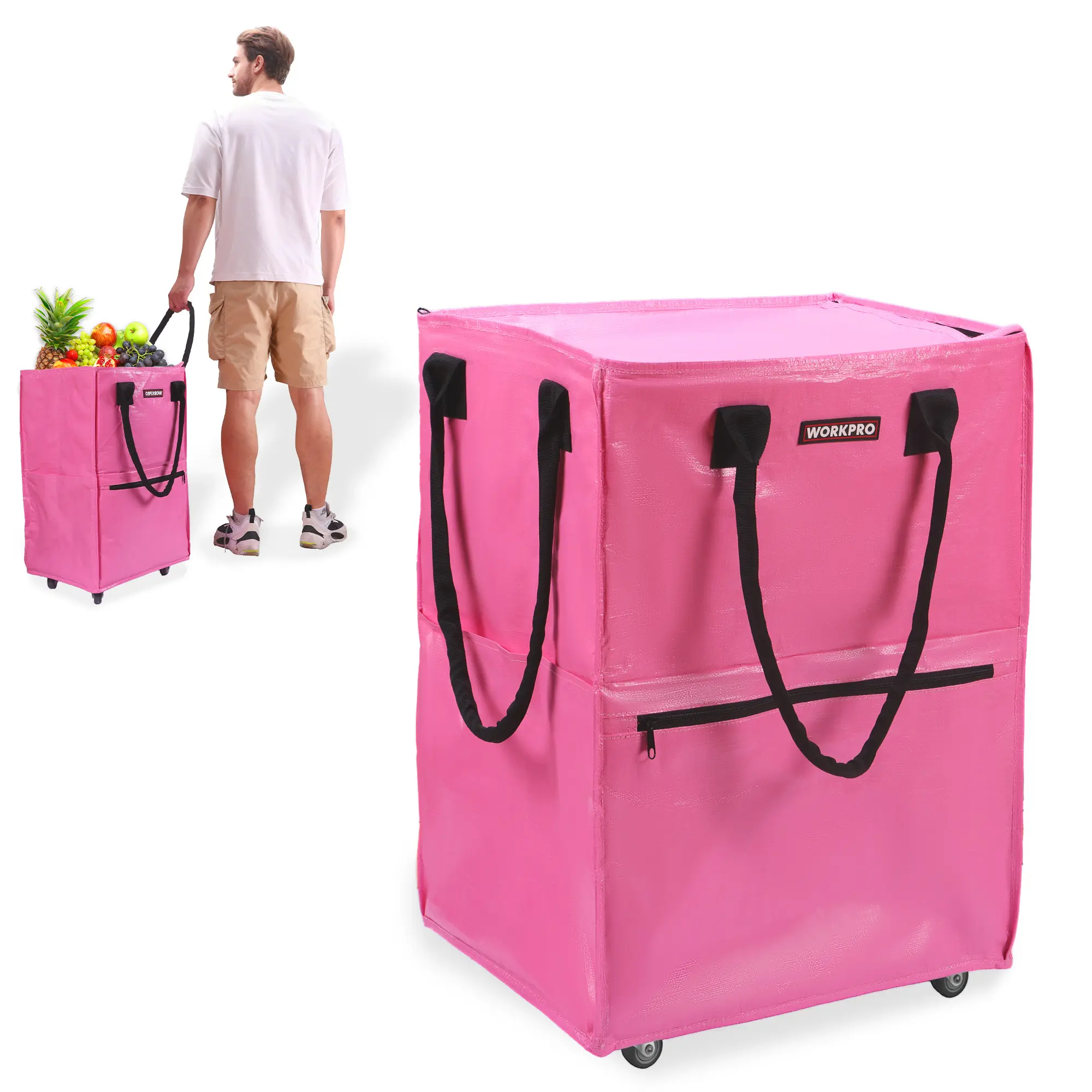 #backtoschool WORKPRO Medium Reusable Grocery Bag on Wheels, Heavy Duty Rolling Shopping Tote with Handle, Folding Trolley on 4 Caster Wheels for Groceries, Laundry, Camping, Moving