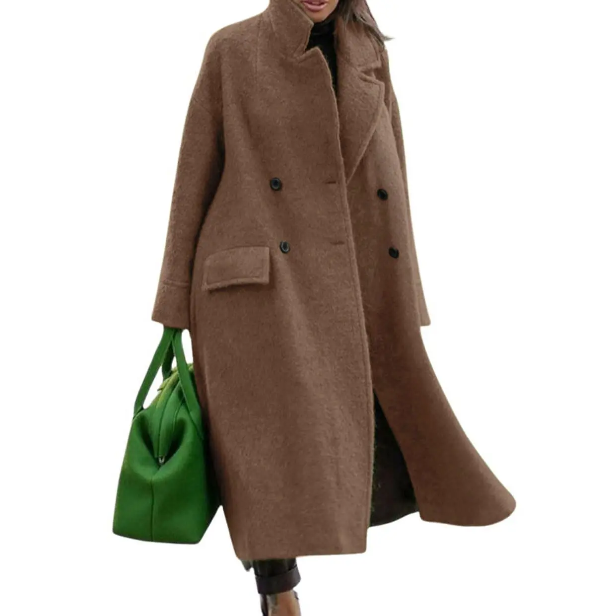 CHARTOU Women's Baggy Solid Long Winter Wool Blend Pea Trench Overcoat - Warm Long-Sleeve Button-Down Outerwear, Elegant Basic Jacket for Day Outfits, Matching Tops