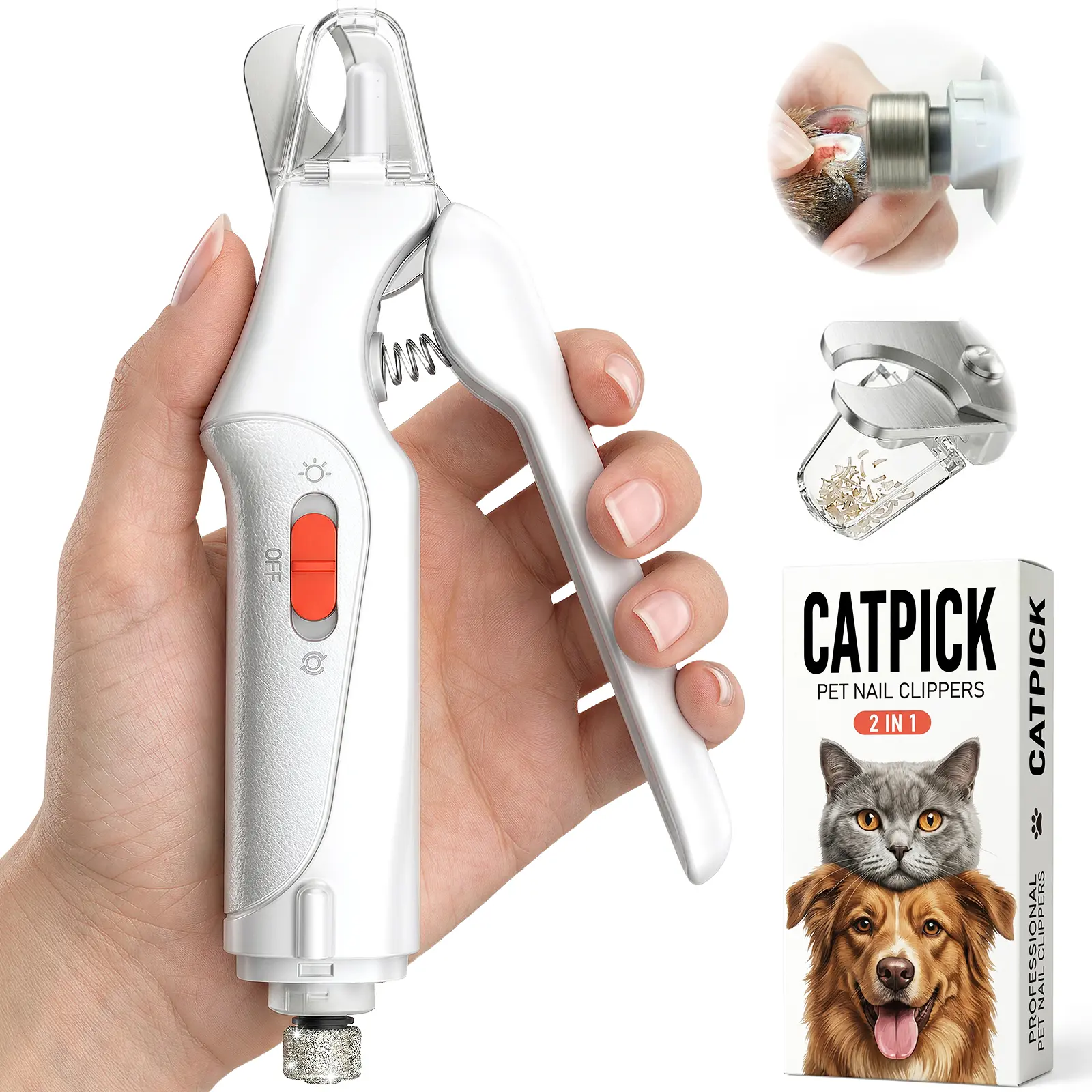 Catpick 2-in-1 Rechargeable Pet Grooming Paw Trimmer & Nail File Set with LED Light, Low-Noise Motor for Safe Trimming of Light-Colored Claws on Dogs & Cats of All Sizes