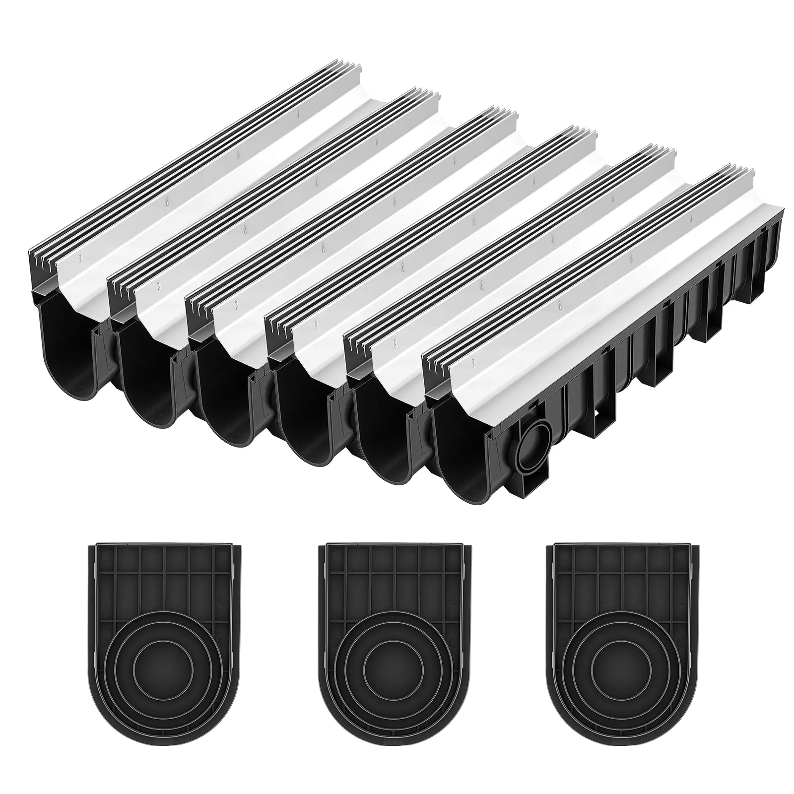 VEVOR 3-Pack Linear Drains, Extendable Heavy-Duty HDPE+Steel Trench (39.7x5.8x7.4in) with Stainless Steel Large-Opening Grate, HDPE Tough Build, Clog-Resistant Deeper Channel, Fast Flow for Pool, DIY Home Supplies Users