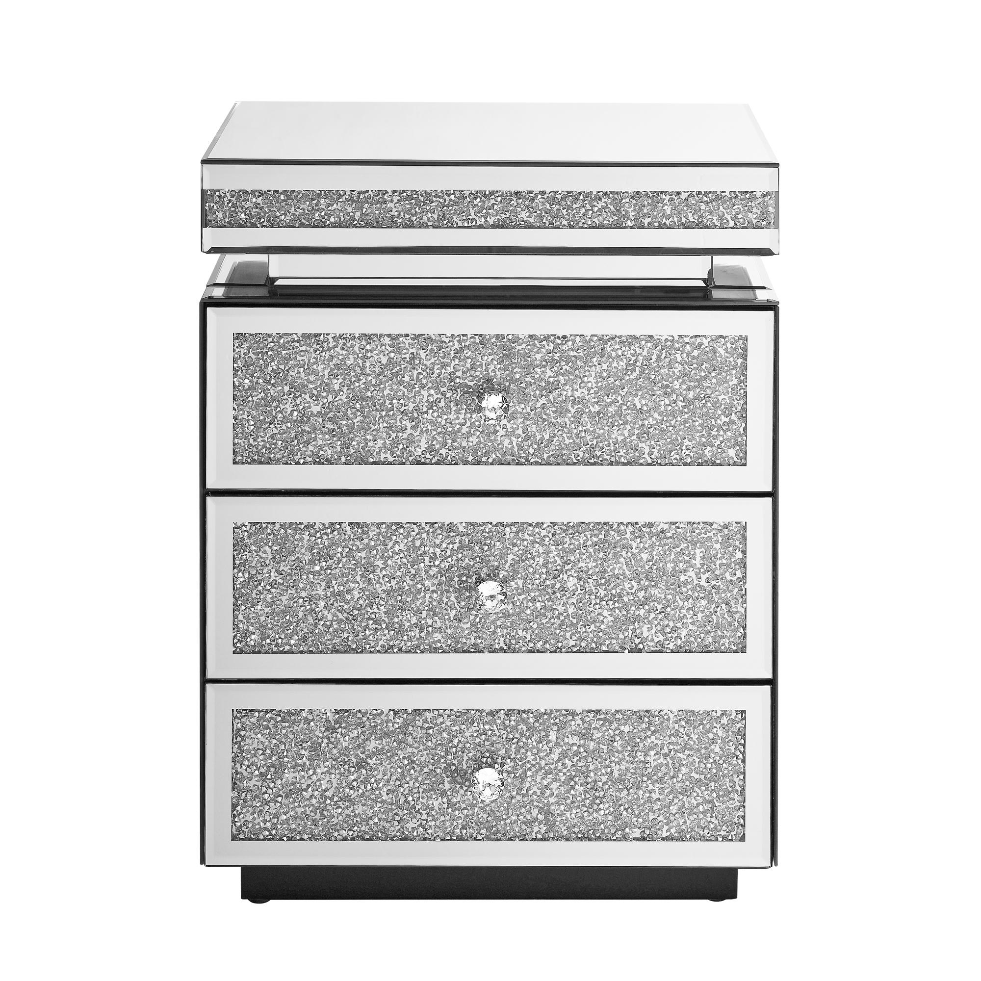 Mirrored Nightstand Modern Bedside Table with 3 Drawers, Silver End Table with Crystal Inlay, Bedside Table, Glass Table for Bedroom, 13.8''W x 17.7" L x 23.6" H