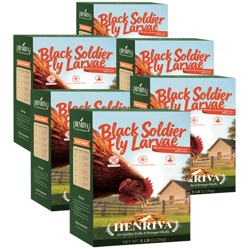 Henriva 30LB（5LB*6Pcs） Dried Black Soldier Fly Larvae for Chickens, 49% Protein BSFL Chicken Treats, 85X More Calcium Than Mealworms for Chickens, Non-GMO Chicken Feed for Laying Hens, Ducks & Wild Birds