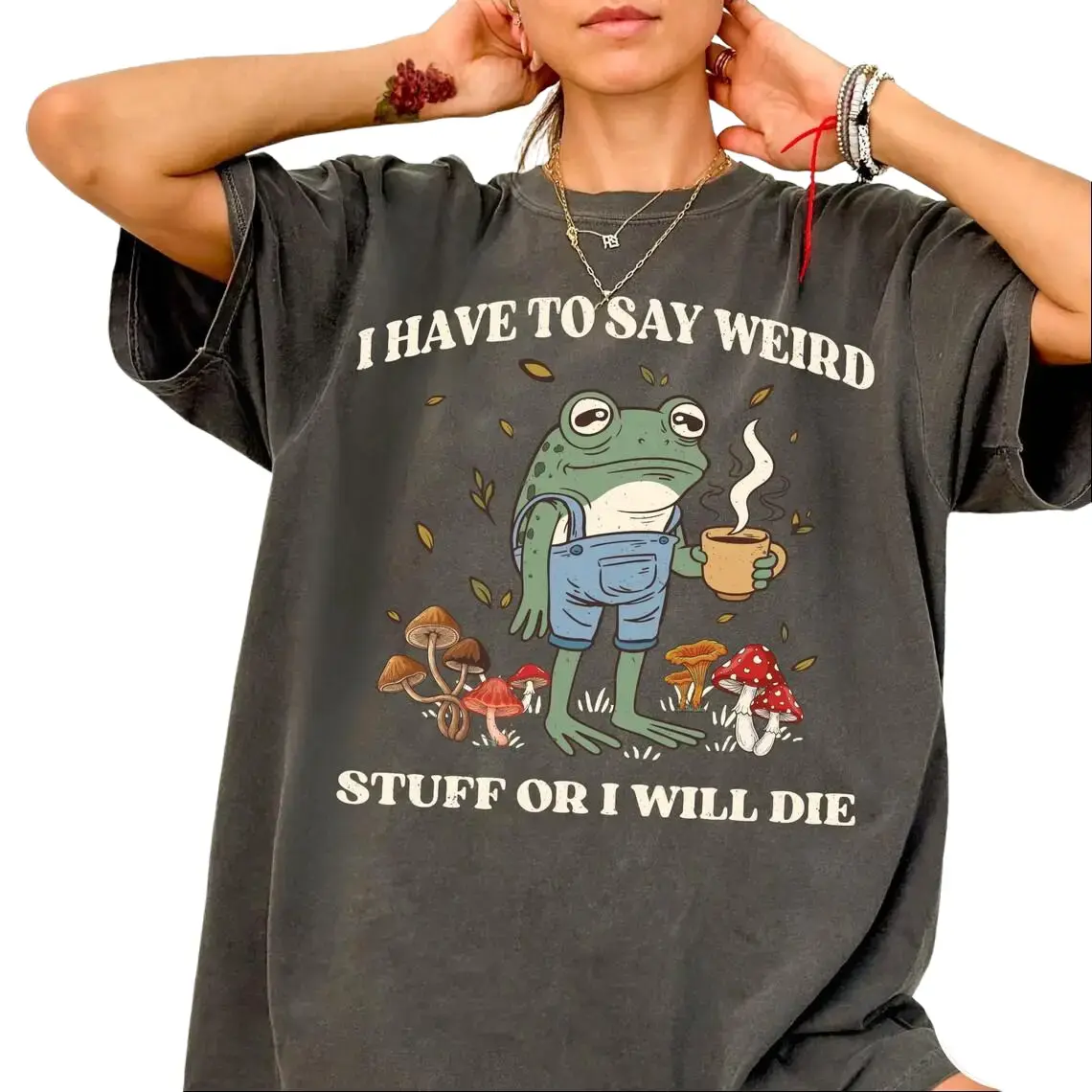 I Have to Say Weird Stuff Women's T-shirt ,Comfort Acid Wash T-Shirt, Gameday Doodle Tee, Trendy Women's Shirt,  Game Day Tee, Vintage Style Graphic Design T-Shirt, Vintage Baggy Style Streetwear Tops