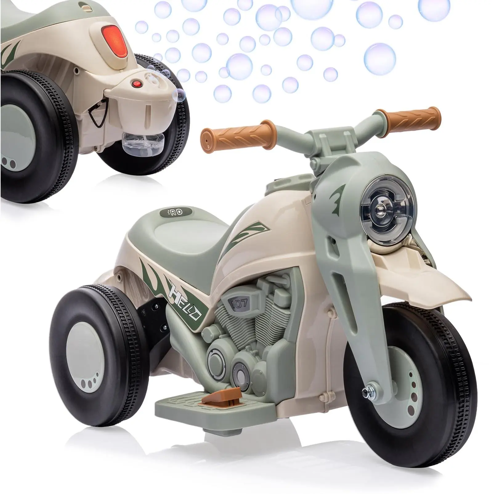 6V Bubble Motorcycle Ride on Toy Car for Kids, Kids Motorcycle with Bubble Function w/Music, LED Headlights, Forward/Reserve, Pedal, 3 Wheels Ride on Motorbike for Kids 3-8, Beige