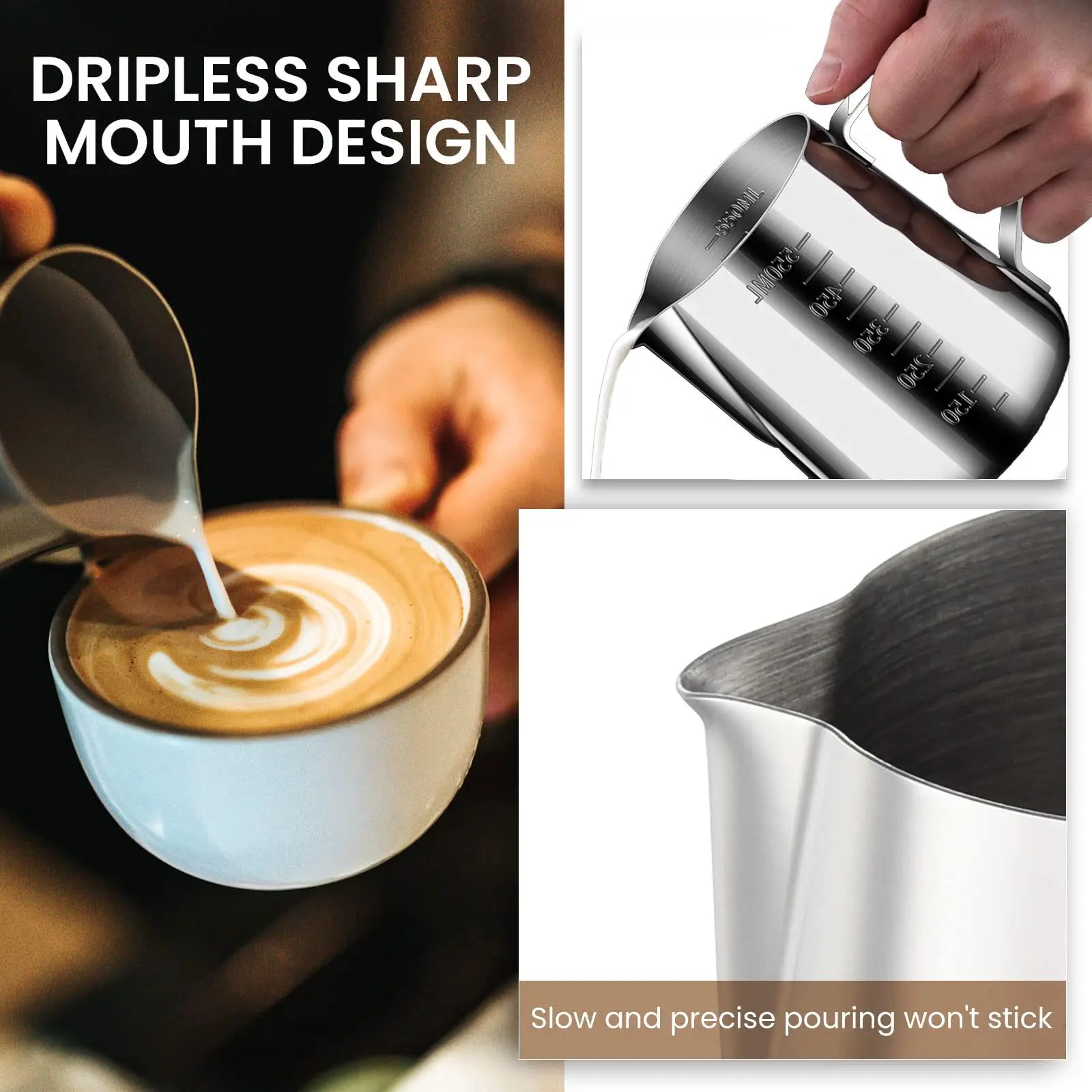 Latte Art Coffee Milk Frothing Pitcher, Measuring Jugs, Stainless Steel with Precision Pour Spout, 350ML/600ML, Ideal for Home, Cafe & Kitchen Use