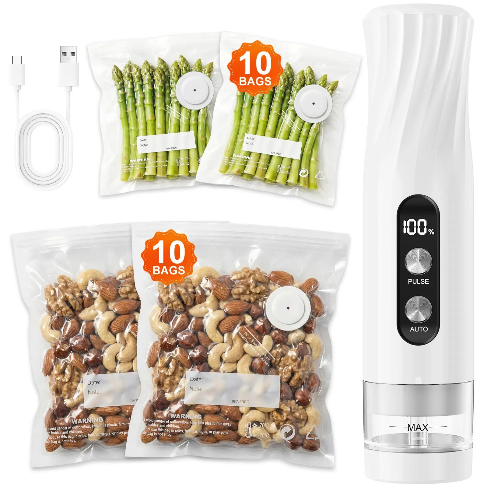 Portable Vacuum Sealing Machine - Powerful Automatic Vacuum Sealer with 1-Touch Auto Seal, Pulse Mode for Delicate Foods, Includes 20 Reusable Bags
