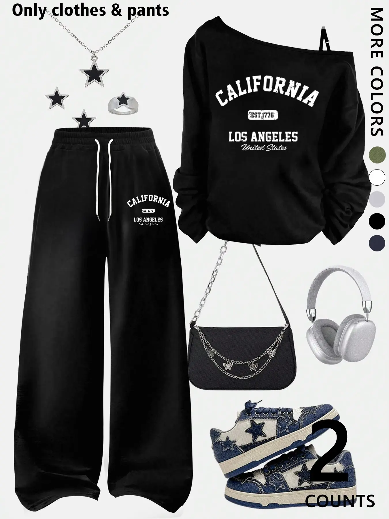A teenage girl's off-shoulder top and wide-leg casual pants; a loose-fitting, oversized casual long-sleeved top with a Graphic print paired with loose-fitting Adjustable drawstring trousers; soft, suitable for women, and versatile. Casual Loungewear Sets