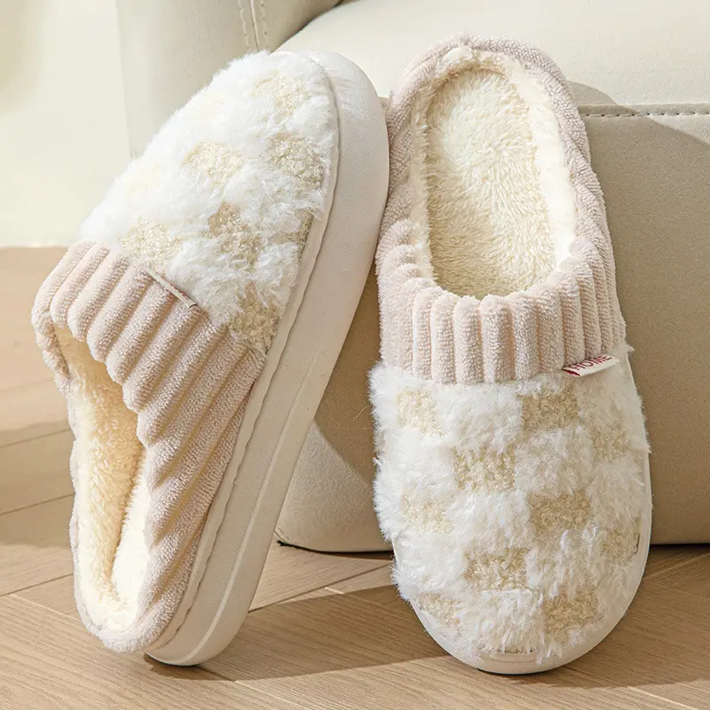 Checkered Pattern Plush Slippers, Casual Slip On Plush Lined Shoes, Comfortable Indoor Home Slippers