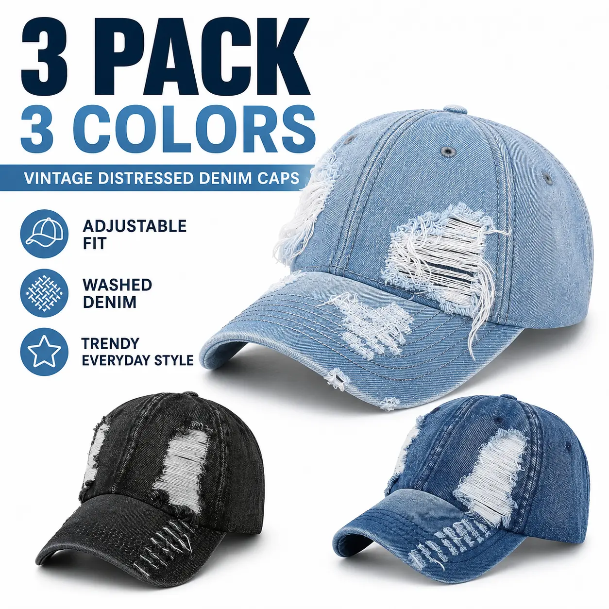 3pcs Distressed Denim Baseball Cap Vintage Washed Jean Dad Hat Adjustable Streetwear Fashion Cap for Women Men cap