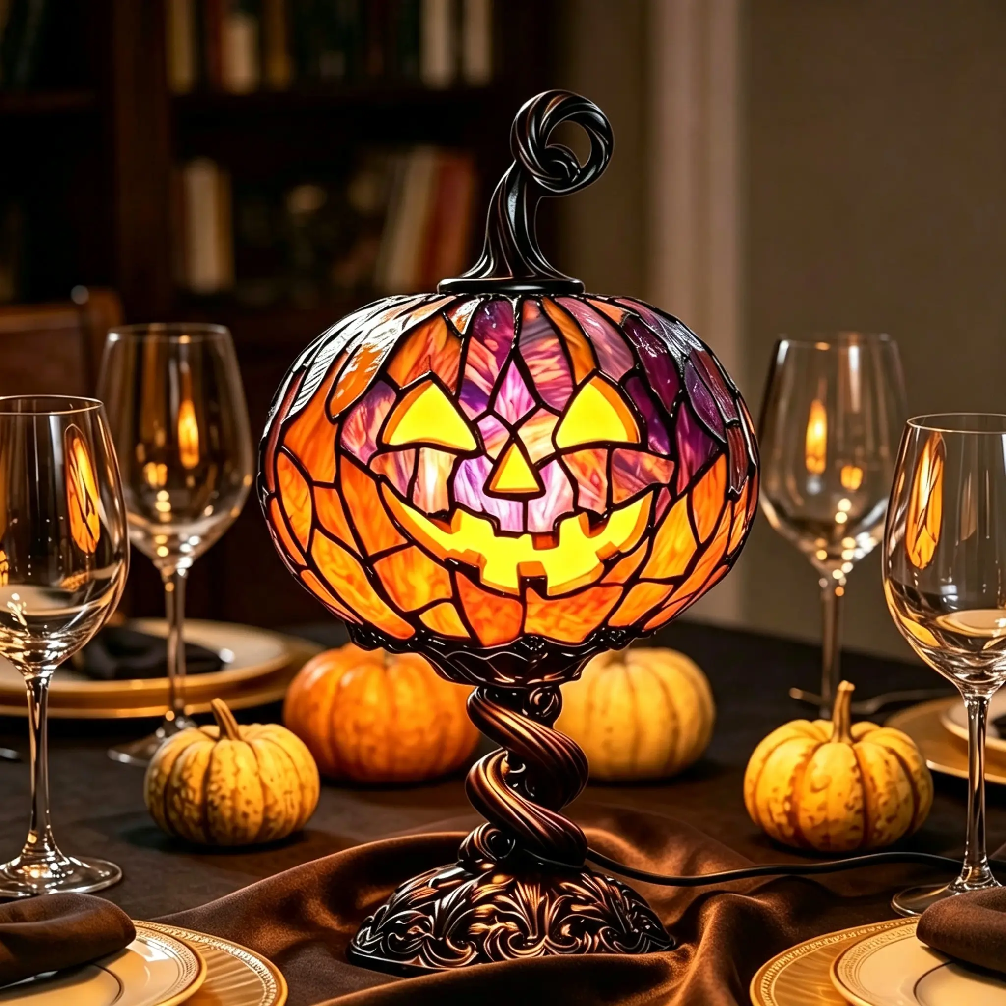 Halloween Christmas Stained Glass Pumpkin Table Lamp, Vintage Tiffany Style Jack O Lantern Pumpkin Night Light, Retro Decorative Desk Lamp for Holiday Party Home Bedroom Dining Table Ornament Gift