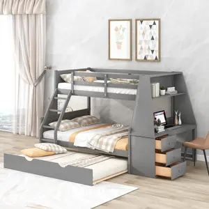 Twin Over Full Bunk Bed with Trundle and Built-in Desk, Space Saving Loft Bed Frame with Three Storage Drawers and Shelf, Modern Study Bunk Bed for Kids and Teens