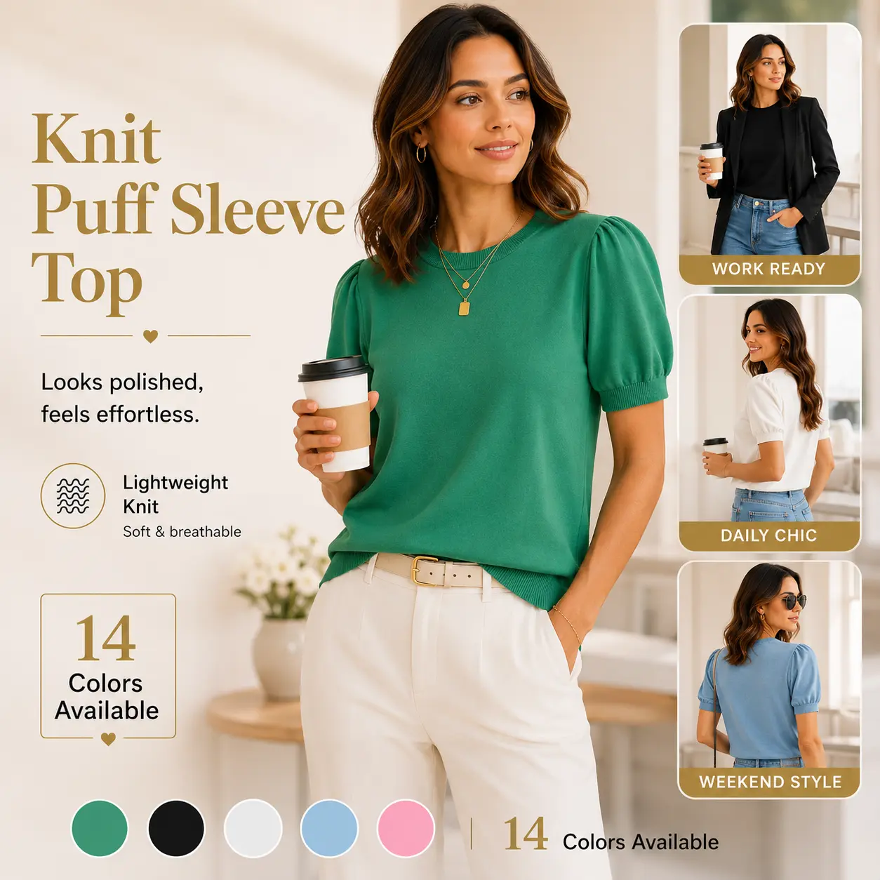 OFEEFAN Women's Puff Short Sleeve 2025 Spring Summer Sweater - Lightweight Knit Top - Business Casual Blouse, Soft & Breathable for Layering