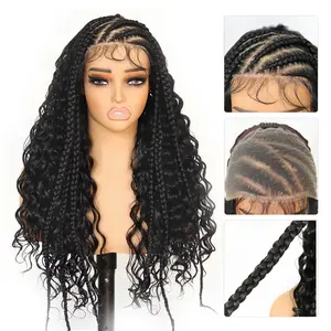 U&A hair 13X6 HD Lace Frontal Braided Wigs Synthetic Half-Cornrows Half-Curly Wig with Baby Hair Pre Styled Braid Wigs Tiny knots,18Inch