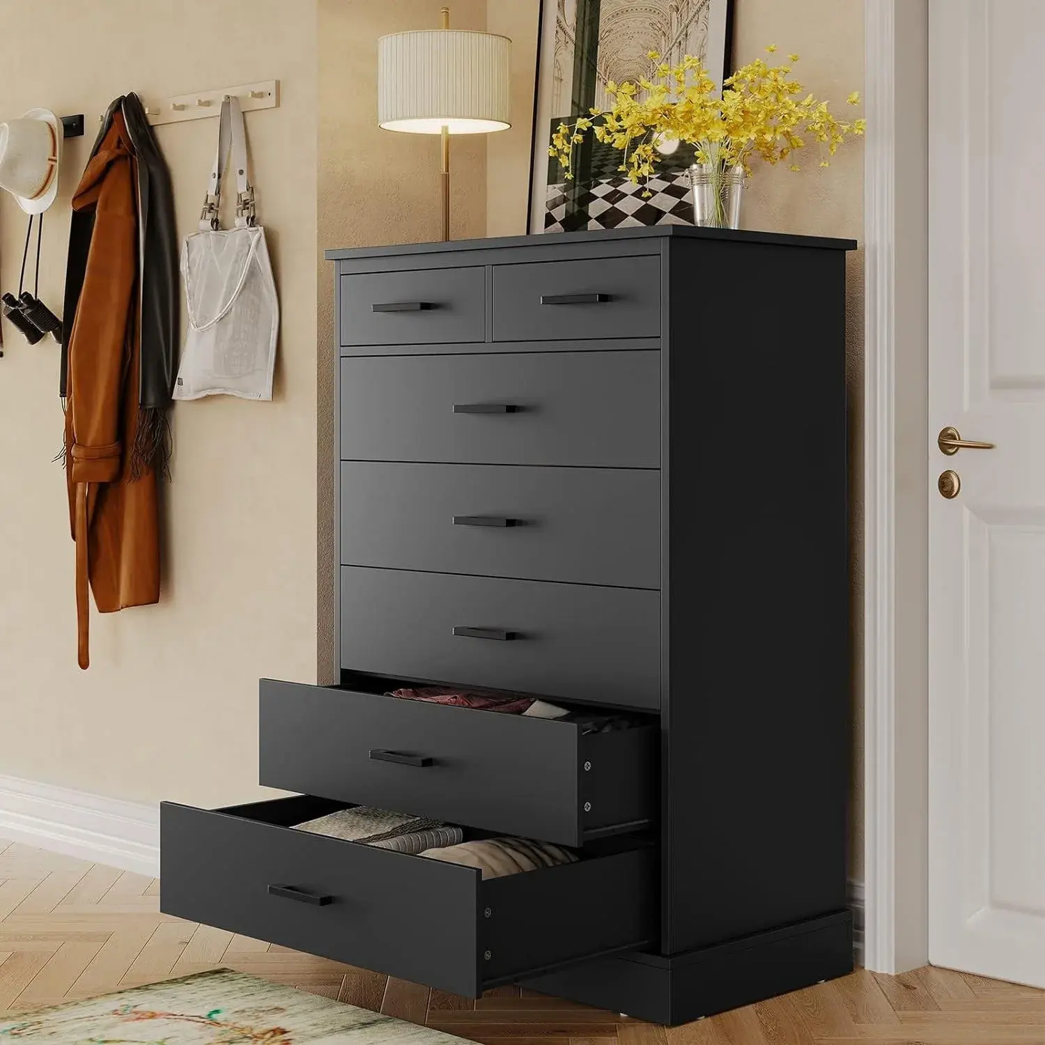 SIKAIC Black 7-Drawer Tall Sturdy Bedroom Dresser - Closet Storage Cabinet, Compartments Chest of Drawers for Clothing Organization, Modern Indoor Apartment Furniture (Suitable for Bedroom, Game Room), Drawers And Cabinets,dorm essentials,home decor