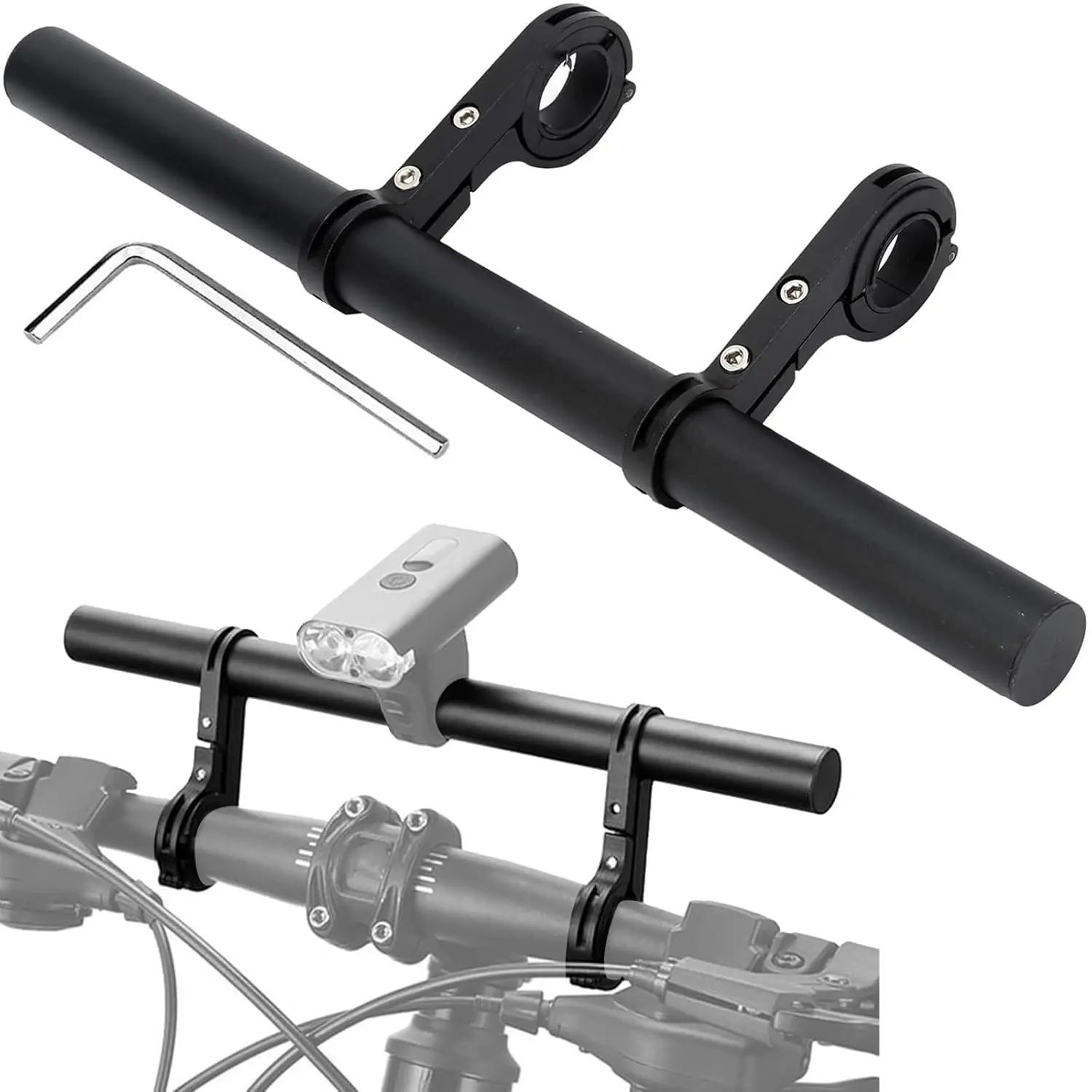 30cm Bike Handlebar Extender with 2 Clamp Brackets, Aluminum Bicycle Bar Extension for Lights GPS Phone Mount