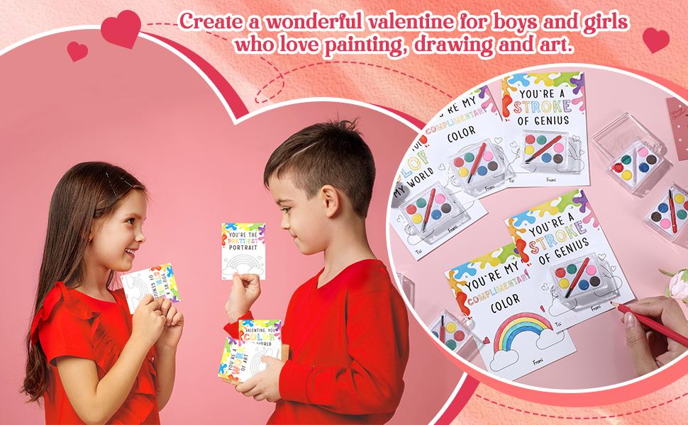 18/50 Pcs Valentine's Mini Watercolor Paint Cards Sets Kids Valentine's Art Gift Includes Valentines Gift Painting Cards  Brush Paint Sets with Adhesive Dots for School Classvalentines teacher students Party Gifts