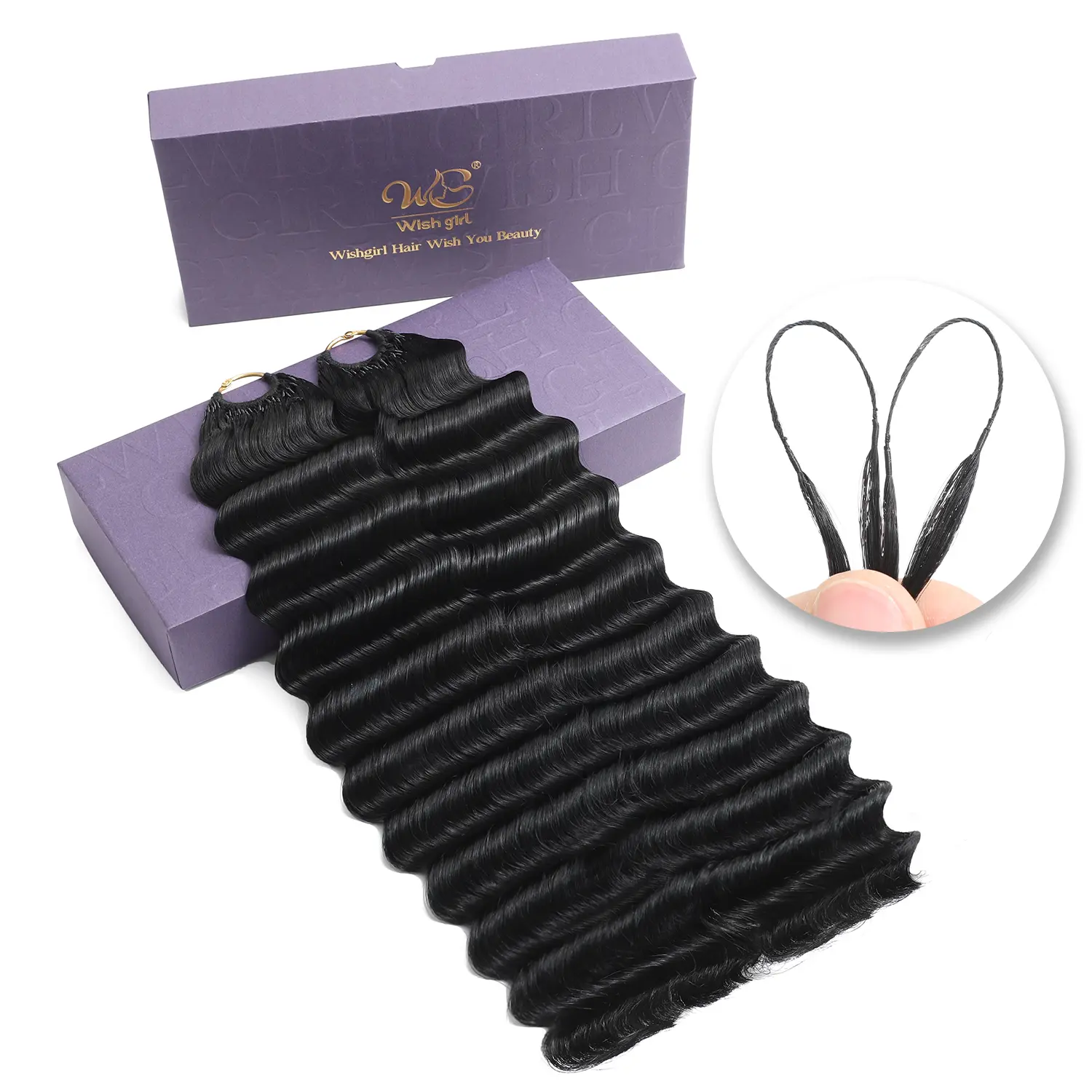 Wishgirl Human Crochet Hair Deep Wave Curly Feather Crochet Real Human Hair Reusable Invisible Knotless 100% Virgin Human Hair Crochet Bundles for Boho Braids Natural Black 120g