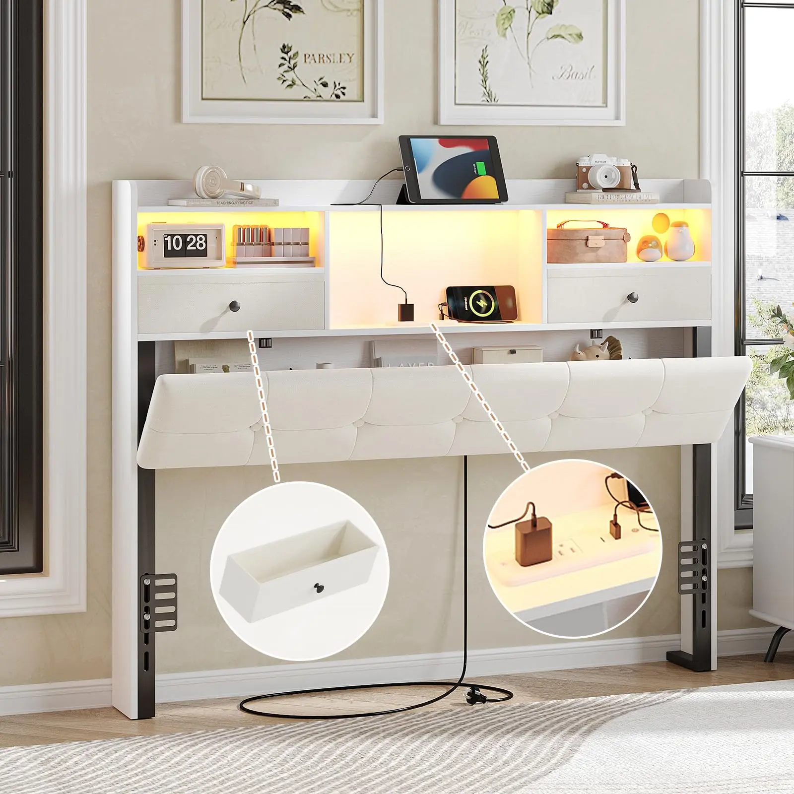 [tiktokshopbacktoschool] Vabches Headboard Queen Size with Storage, Queen Headboard Only with 2 Drawers, Charging Station and LED Lights, Upholstered Headboards Easy Assembly